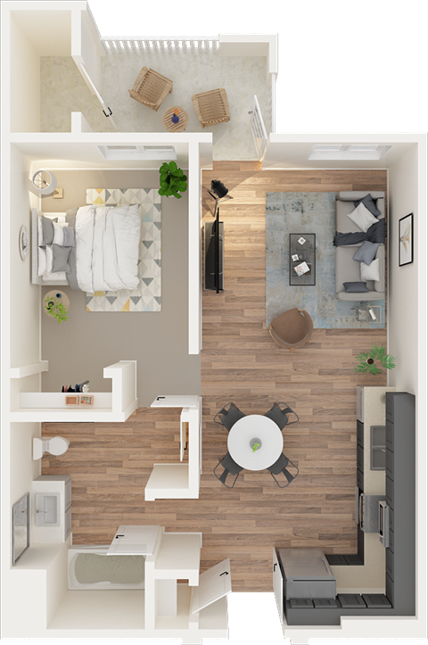 Floor plan for 1 bed, 1 bath, 596 sqft